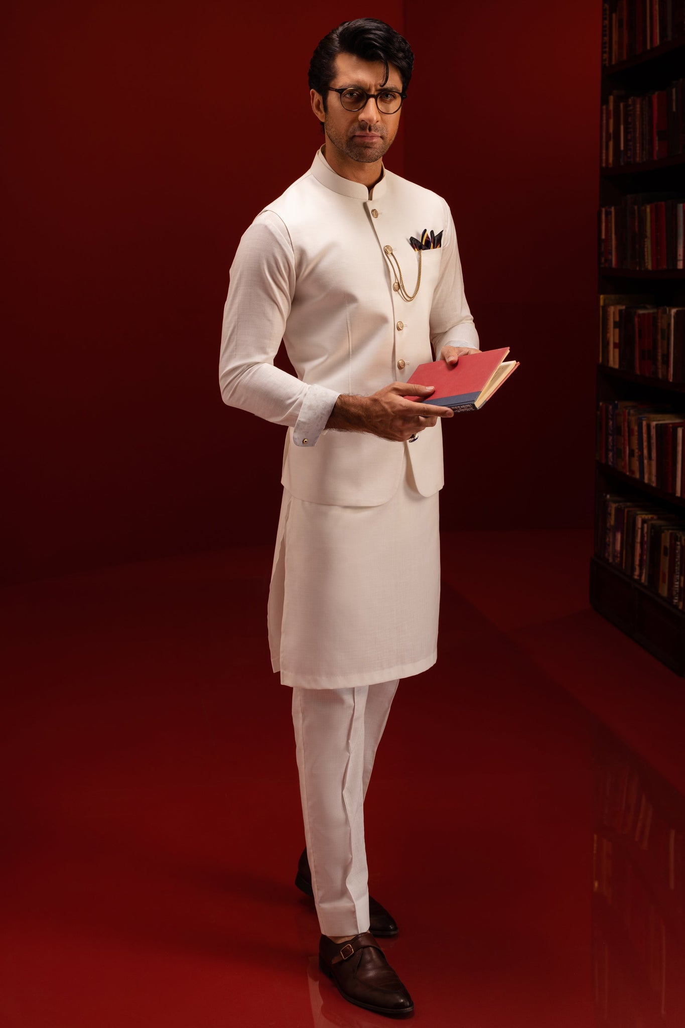 TEXAS  - Off White Blended Kurta Trouser + Waistcoat