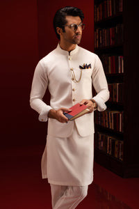 TEXAS  - Off White Blended Kurta Trouser + Waistcoat