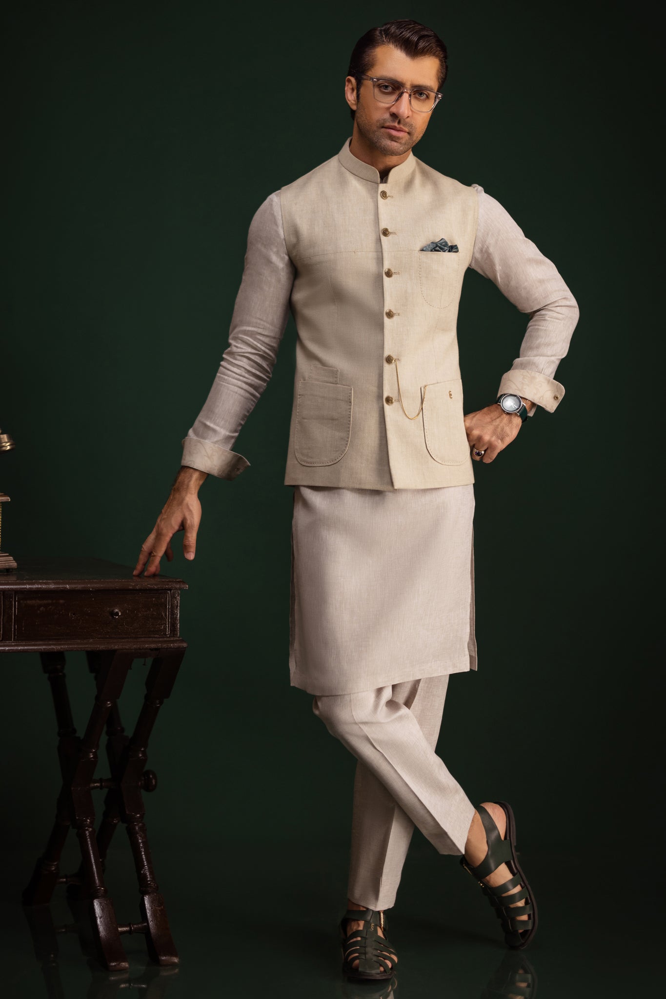 WASHINGTON - Light Olive Linen Kurta Trouser