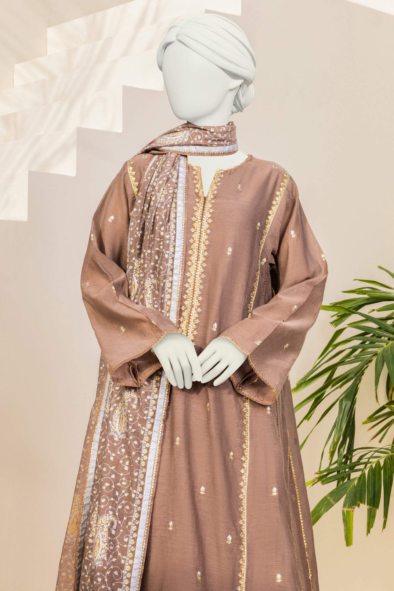SHATOOS - Brown Chanderi 3Pc Stitched